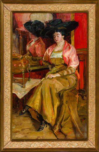 JANE PETERSON (1876–1965), "The Engagement Ring," c. 1908–09. Oil on canvas, 50 x 30 in. Showing gilded frame with leaf panel.