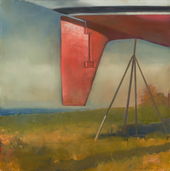 a painting by Randall Exon of a boat's red rudder, up on jacks, sitting in a field