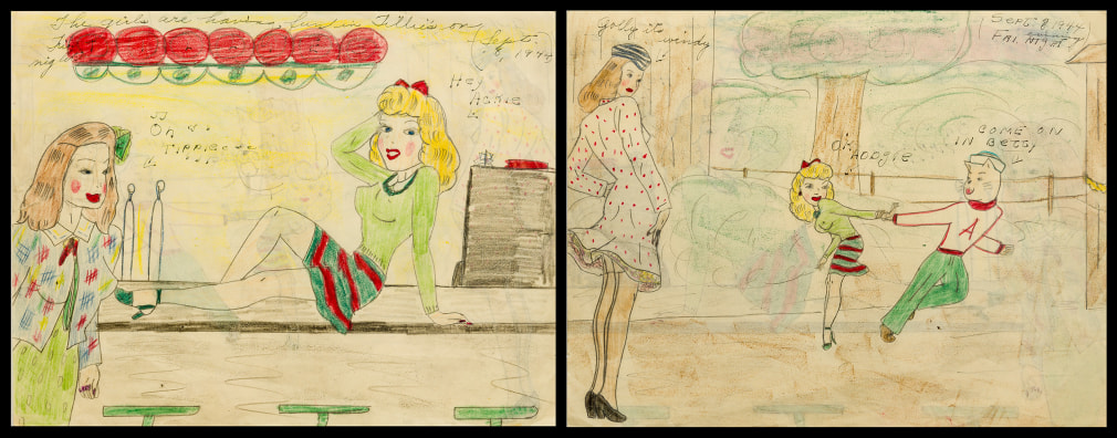 A double-sided drawings with two girls at a malt shop on one side and girls in a windy landscape flirting with a cat boy on the other.