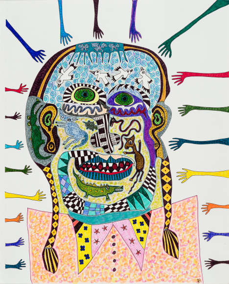 a drawing by self-taught artist Jeanne Brousseau of a girl in pig-tails whose face is a mix of wild patterns and animals, surround by arms trying to reach her