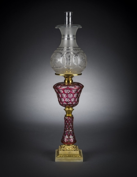 Cranberry Cut to Clear Overlay Lamp with Matching Stem,&nbsp;about 1865&ndash;75