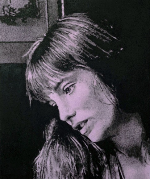 a drawing by Andy Mister of Jane Birkin's face on a lavender background