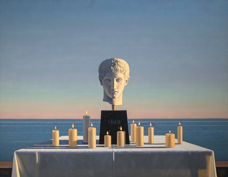 David Ligare (b. 1945), "Still Life with Polykleitian Head and Candles (Idea)," 2018. Oil on canvas, 42 x 54 in.