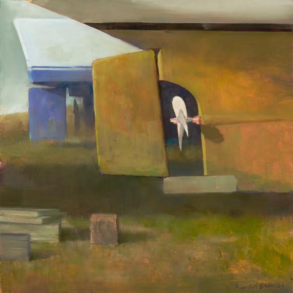 a painting by Randall Exon of boat rudders, one orange and one purple, as both boats sit on jacks in a field