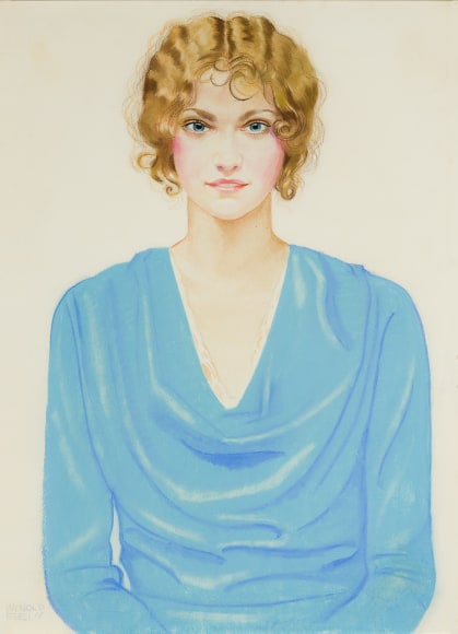 WINOLD REISS (1886–1953), "Portrait of a Girl in Blue (Miss Heimsoth)," 1943. Pastel on Whatman board, 30 x 21 7/8 in.