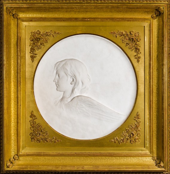 ERASTUS DOW PALMER (1817–1904), "Evening," 1864. Marble 20 1 /2 in. Showing period gilded cove frame and spandrel.