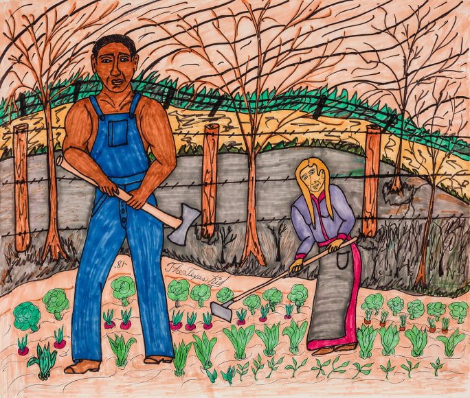 Willard Watson, aka &quot;The Texas Kid&quot; (1921&ndash;1955), &quot;Grandfather Watson, with His Axe, Protecting Grandmother from Snakes in the Garden While She Hoe,&quot; 1981. Colored marker and pencil on board, 13 1/4 x 15 in.