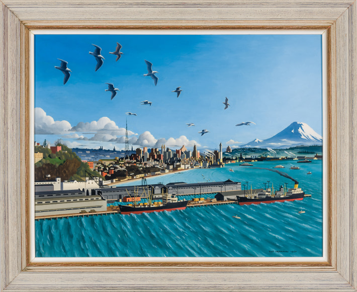 THOMAS FRANSIOLI (1906–1997), "View of Seattle," 1950. Oil on canvas, 21 x 27 in. Showing pickled wood frame.