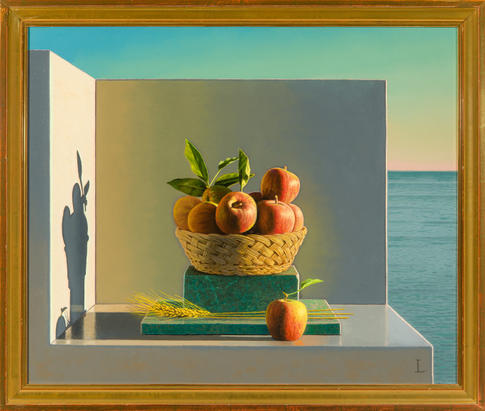 David Ligare (b. 1945)  Offering: Apples &amp; Wheat, 2023  Oil on canvas,&nbsp; 20 x 24 in.