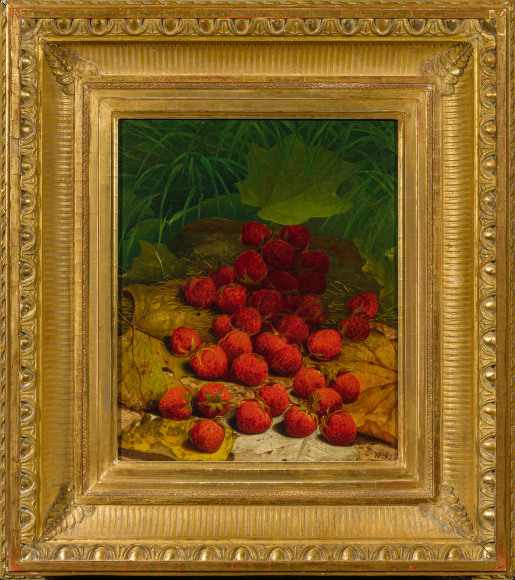 WILLIAM MASON BROWN (1828&ndash;1898), &quot;Strawberries Strewn on a Forest Floor,&quot; c. 1865&ndash;70. Oil on canvas, 12 x 10 in. Showing gilded period American fluted cove frame.