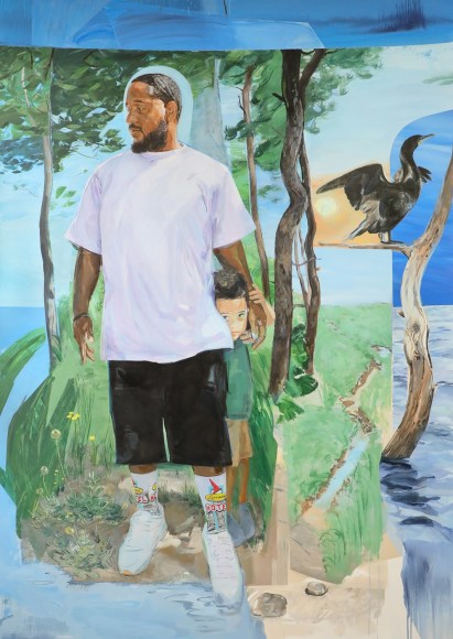 a painting by James Everett Stanley of a father and son in fractured landscape of grass, marshland and sea