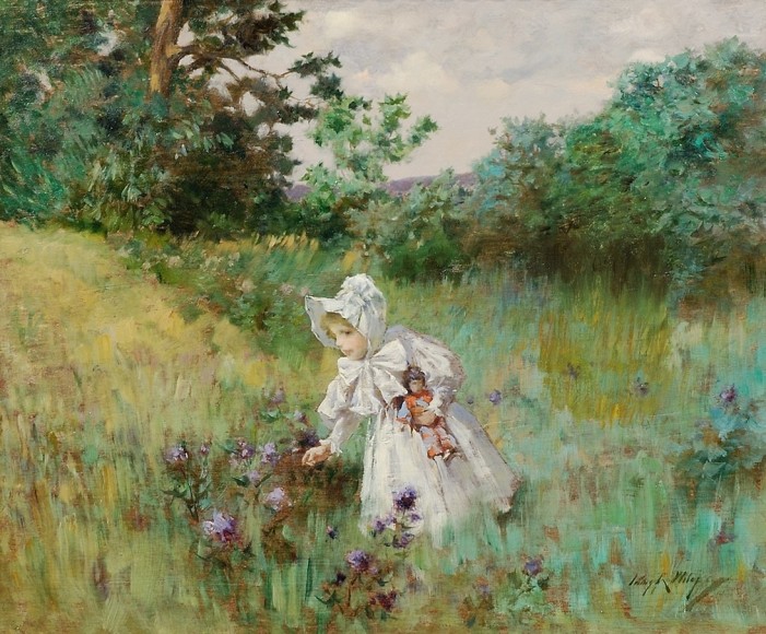 IRVING RAMSEY WILES (1861–1948), "Picking Flowers," about 1895. Oil on wood panel, 15 x 18 in.