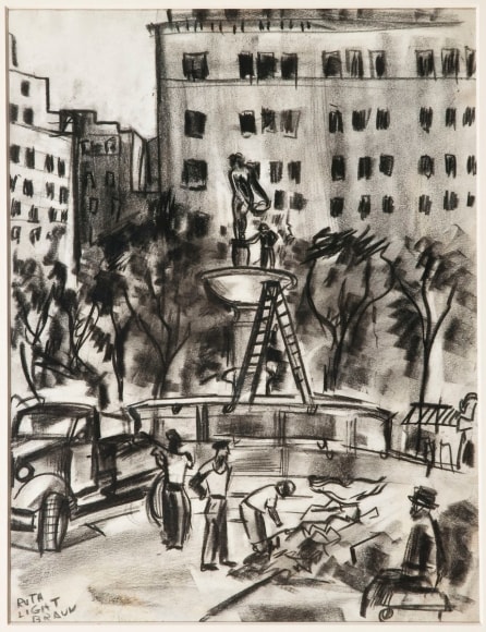 RUTH LIGHT BRAUN (1906–2003), "Fifty-Ninth Street, Plaza Fountain," about 1929–29. Conté crayon on paper, 11 x 8 1/2 in.