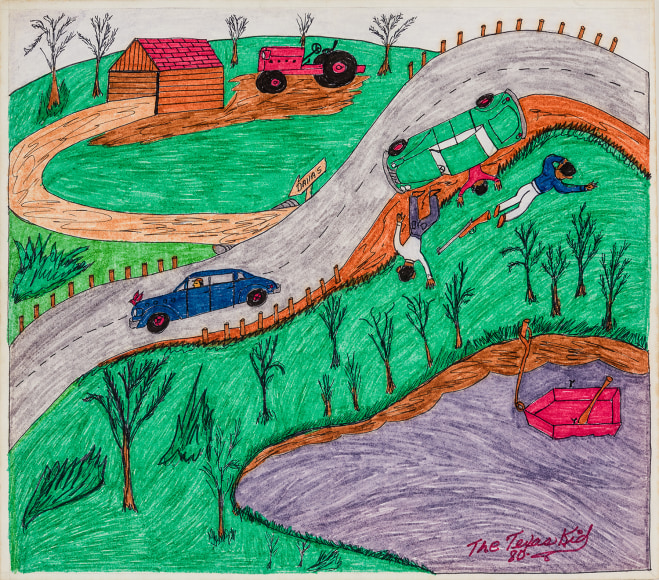 Willard Watson, aka &quot;The Texas Kid&quot; (1921&ndash;1955), &quot;Untitled (The Wreck),&quot; 1980. Colored marker and pencil on board, 13 1/4 x 15 in.