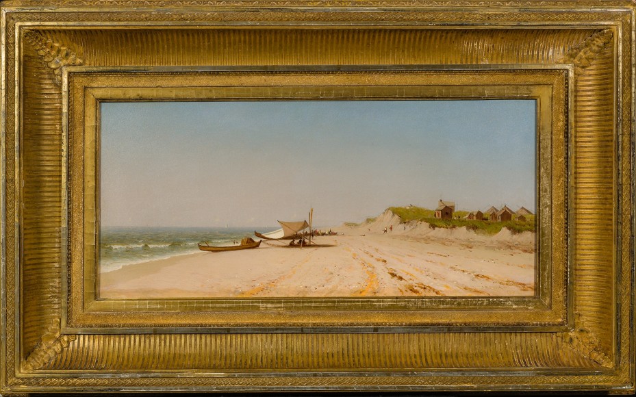 SANFORD ROBINSON GIFFORD (American, 1823–1880), "Long Branch Beach," 1867. Oil on canvas, 9 x 19 1/2 in. Showing gilded cove frame.