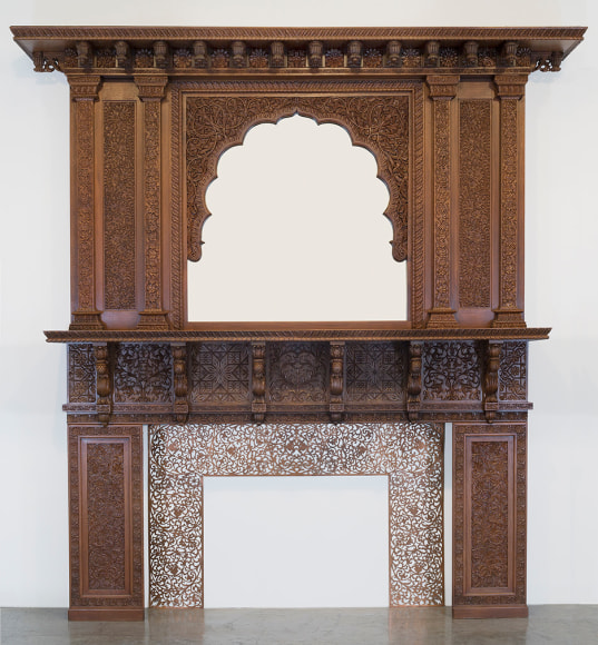 Lockwood de Forest (1850-1932), Carved Teakwood Mantel with Mirror 