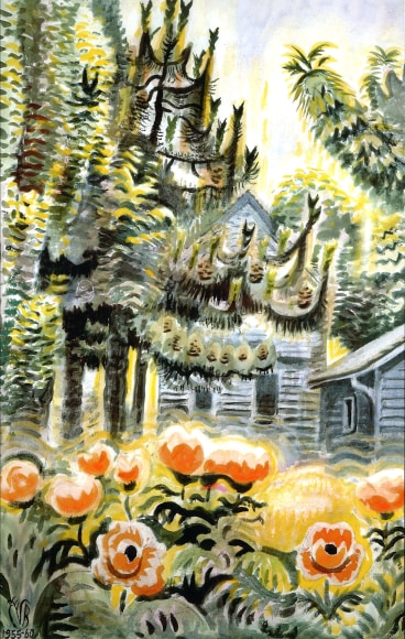 Charles Ephraim Burchfield (1893-1967), Pine Trees and Oriental Poppies, 1955-60