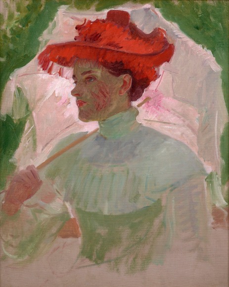 Frank Duveneck (1848-1919), Woman with Red Hat and Parasol, circa 1904