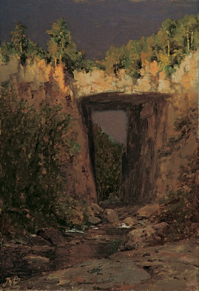 Jervis McEntee (1828-1891), Natural Bridge&nbsp;and Woman Watering Flowers: A double-sided painting