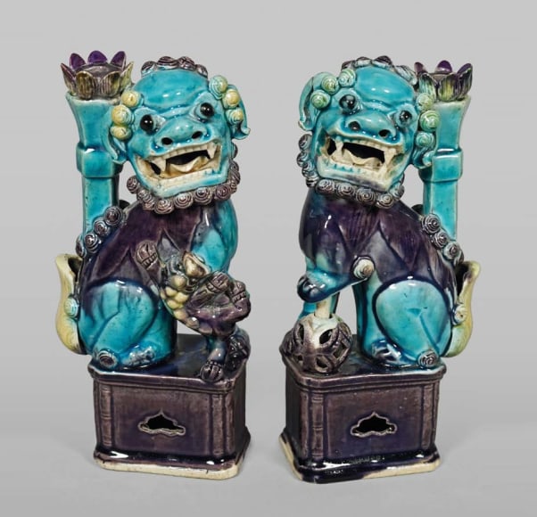 Pair of Chinese Fahua Glazed Porcelain Fu Dogs