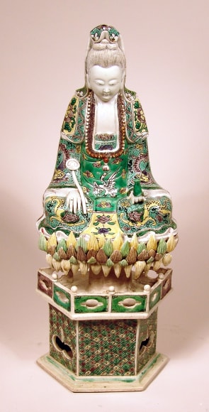 Chinese Famille Verte Porcelain Figure of Guanyin with Lotus Base