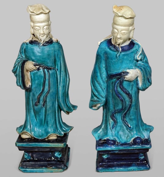 Pair of Chinese Fahua Glazed Stoneware Figures of Officials