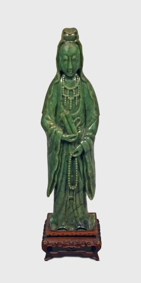 Chinese Carved Spinach Jade Figure of Guanyin