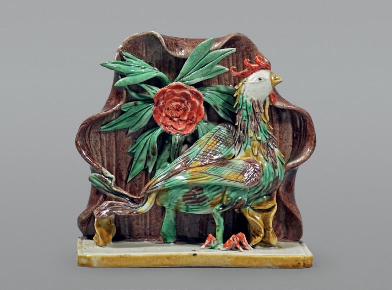 Rare Chinese Glazed Biscuit Porcelain Figural Group of a Phoenix in a Grotto