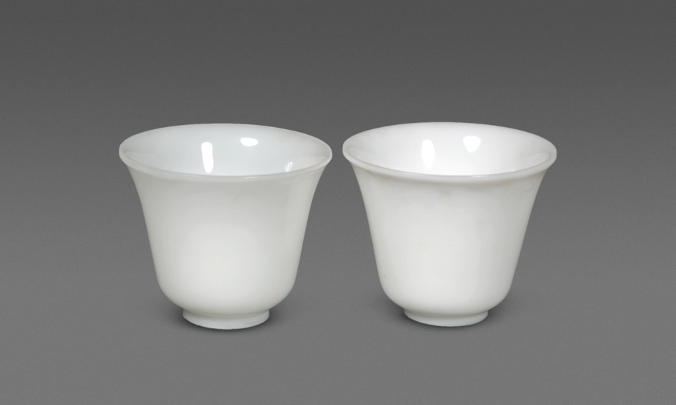 Pair of Fine White Beijing Glass Cups