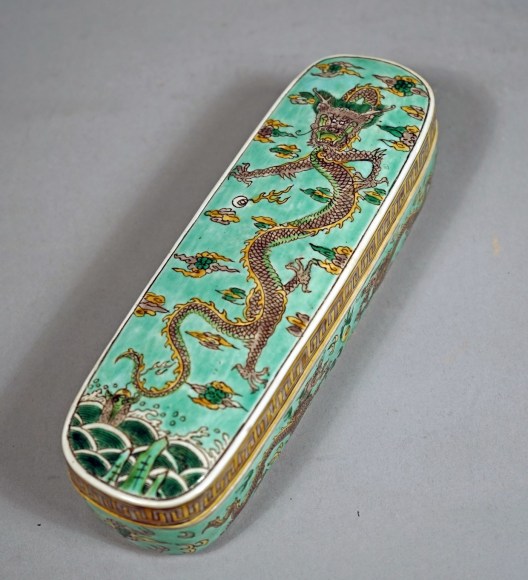 Fine and Rare Chinese Green Ground Famille Verte Porcelain Penbox