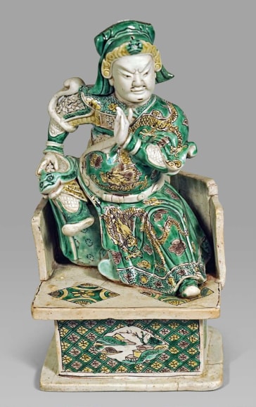 Fine Chinese Famille Verte Glazed Biscuit Porcelain Figure of Guandi