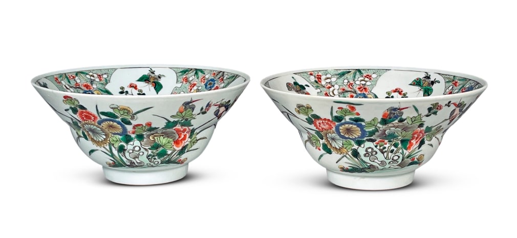Pair of Chinese Famille Verte Porcelain Helmet Shaped Bowls