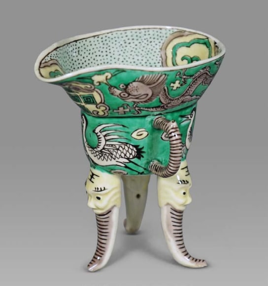 Two Rare Chinese Famille Verte Porcelain Archaistic Wine Cups