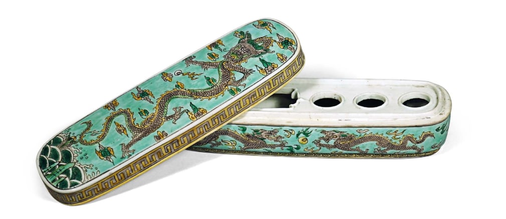 Fine and Rare Chinese Green Ground Famille Verte Porcelain Penbox