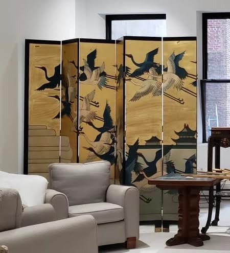 Twelve Panel Screen Depicting Birds in Flight