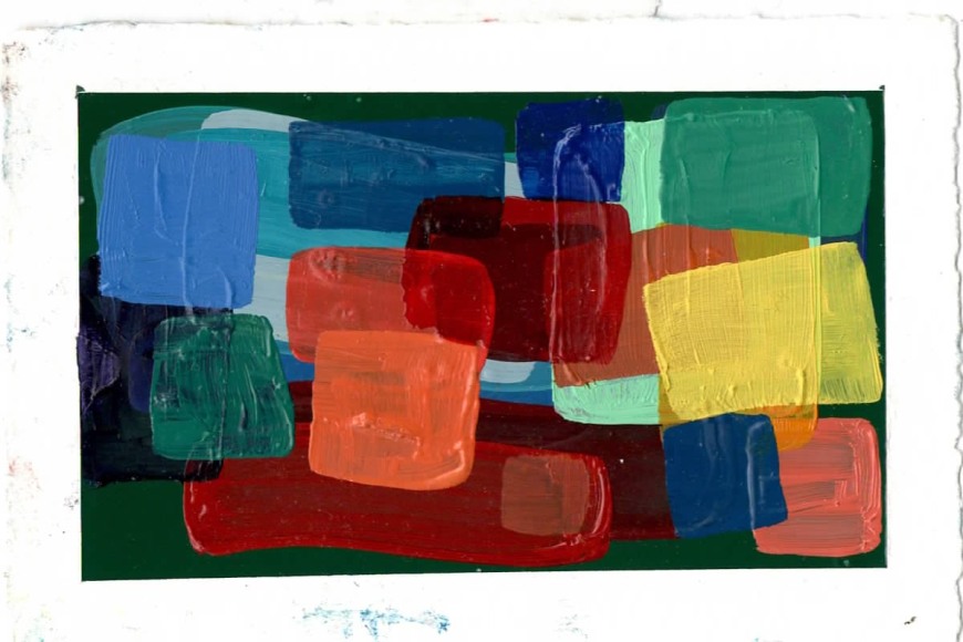 abstract work on paper with several layers of colored square and rectangles