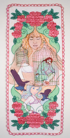 Hand-stitched embroidery of figures, flowers, birds, and bird cages on vintage fabric