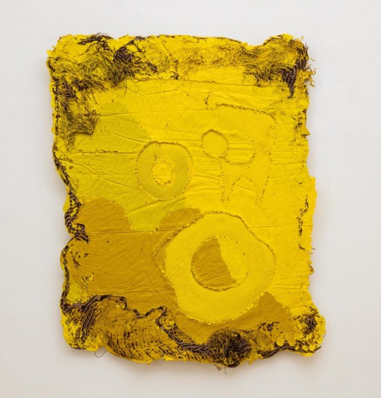 Randy Shull  Yellow City, 2021  Acrylic on hammock  60h x 50w in 152.40h x 127w cm  RS_036, bright yellow paint with yellow and ochre hammock threads