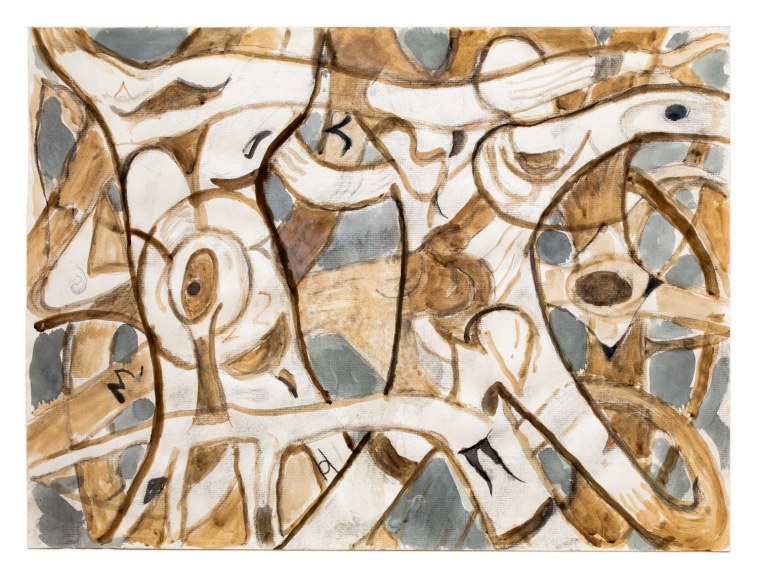 Gerald van de Wiele  Ecstatic Dance, 2019  Watercolor and charcoal on paper  17 7/8h x 22 5/8w in, horizontal watercolor on paper of abstracted figures in motion, in neutral colors such as browns, ochres and reds