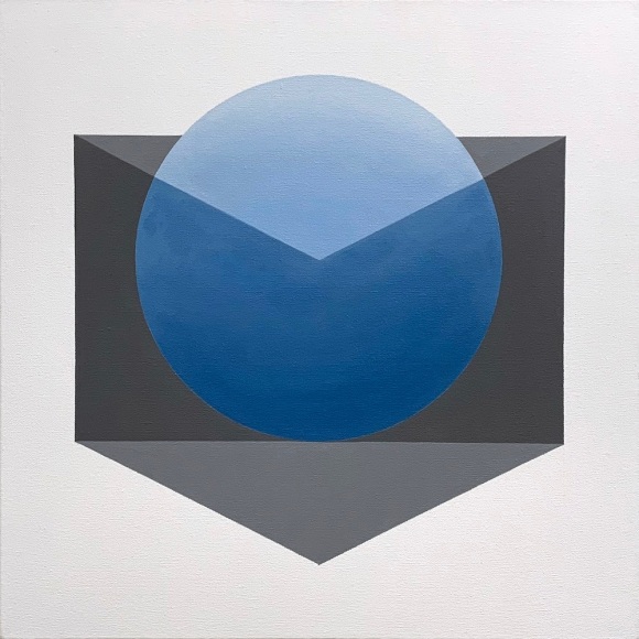 Geometric abstract painting with spheric, rectangular, and triangular shapes, by Ralston Fox Smith