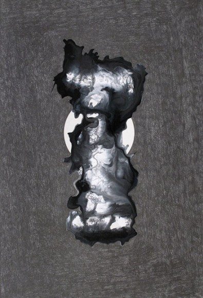 Ben Nixon  Eclipse, 2021, graphite heavy background with grey, white and black abstract forms in the center