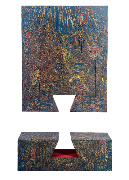 Randy Shull  Dovetailed Hammock, 2017  Acrylic on wood panel, handmade hand-painted bench  84h x 48w x 1d in