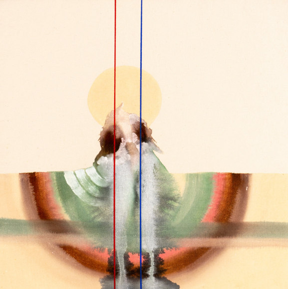 Luke Whitlatch  West to East, I left some bones for the beast, 2019  Dye and Acrylic on Muslin  18h x 18w in 45.72h x 45.72w cm  LW008 pale background with two abstract figures standing next to each other looking toward a sun or halo