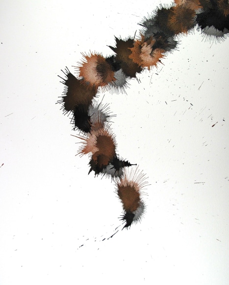 Ben Nixon  Rain Dance, 2019  Acrylic and pencil on paper  20h x 16w in, abstract painting on paper starting from the top right corner down to central lower middle, black, brown, tan, gray