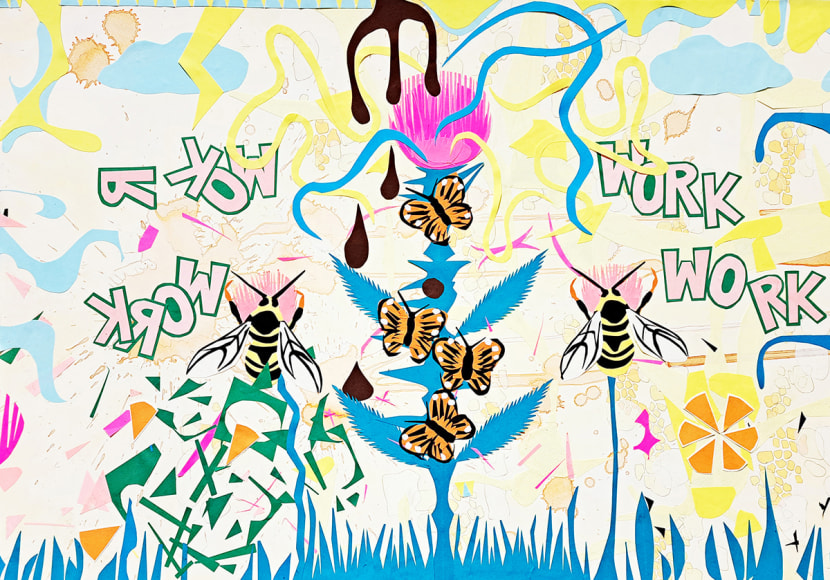 Brightly colored painting of bees and foliage with the text "work work work work"