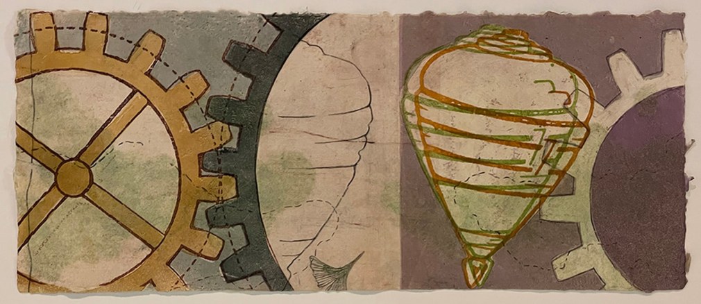Print on handmade paper of gears and top, by Georgia Deal