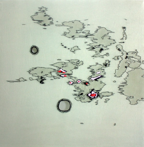 Nava Lubelski  Soft Landing, 2018  Stitching on stained silk  12h x 12w in -