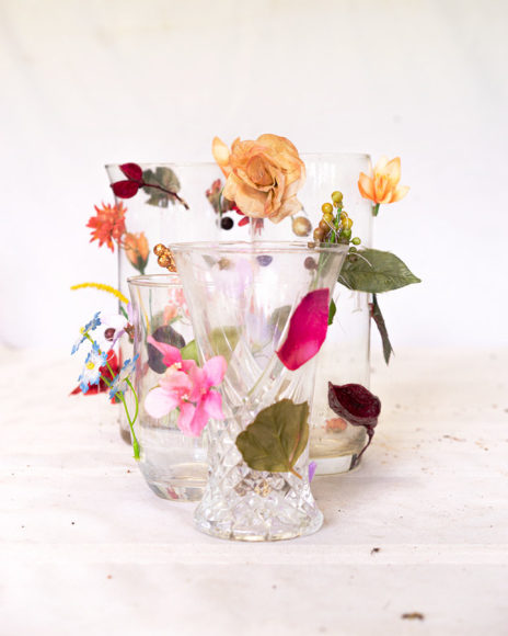 James Henkel  Arrangement #5 From the Botanicals, 2020  30h x 24w in 76.20h x 60.96w cm  Edition 3  JHe_064 leafs and flowers attached to 4 glass flower vases