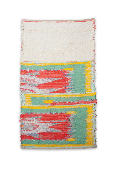 Rachel Meginnes  Texas Star, 2020  Handwoven vintage quilt top and linen  56h x 32w in 142.24h x 81.28w cm  RM_047, multicolored wall hanging made with discarded top quilt fragments, cream, yellow, red, green, with a star pattern in the middle and lower right