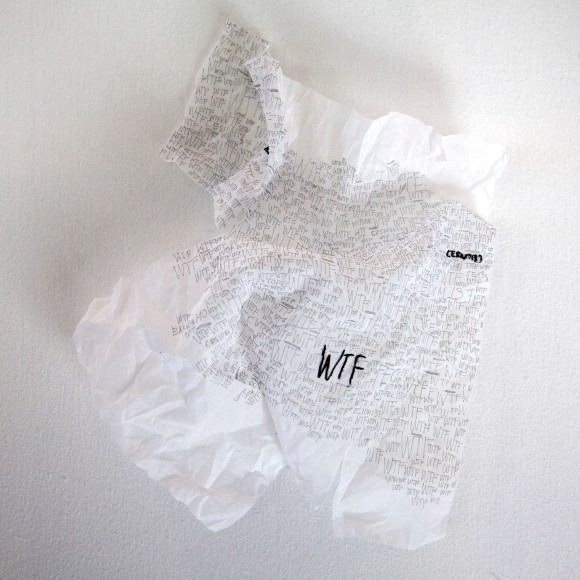 Kathryn Clark  Wunderkammer 5, 2019  Ink and hand embroidery on cotton organdy  18h x 15w x 4d in -white cotton wall sculpture with words visible